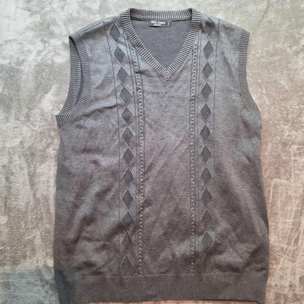 Paul Jones Sweater Vest Mens 2XL Gray Argyle V-Neck Knit Sleeveless Casual